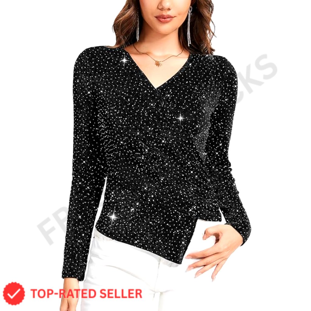 Long Sleeve Sparkly Blouse V-Neck Glitter Rhinestone Party Top Elegant